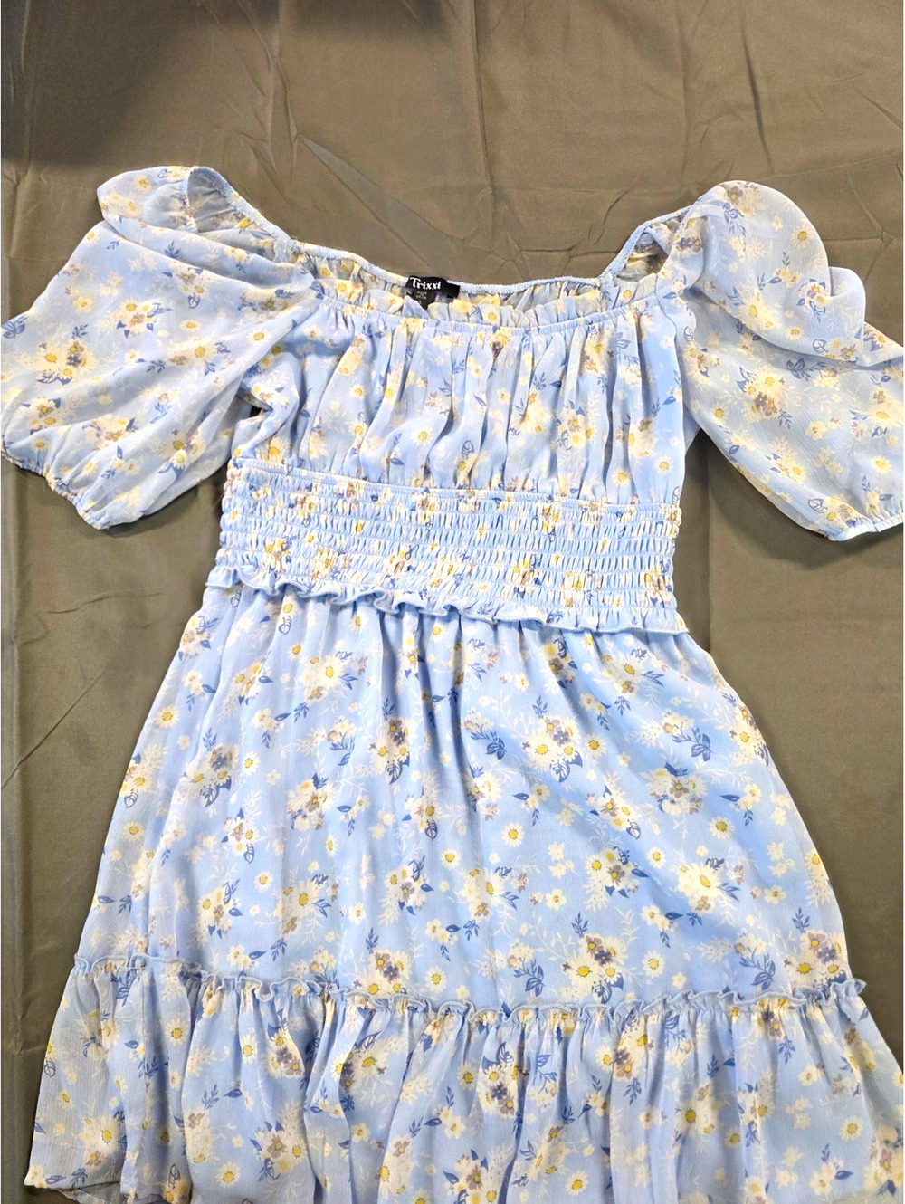Trixxi Blue Floral Square Neck Smocked Puff Sleeve Short Dress L